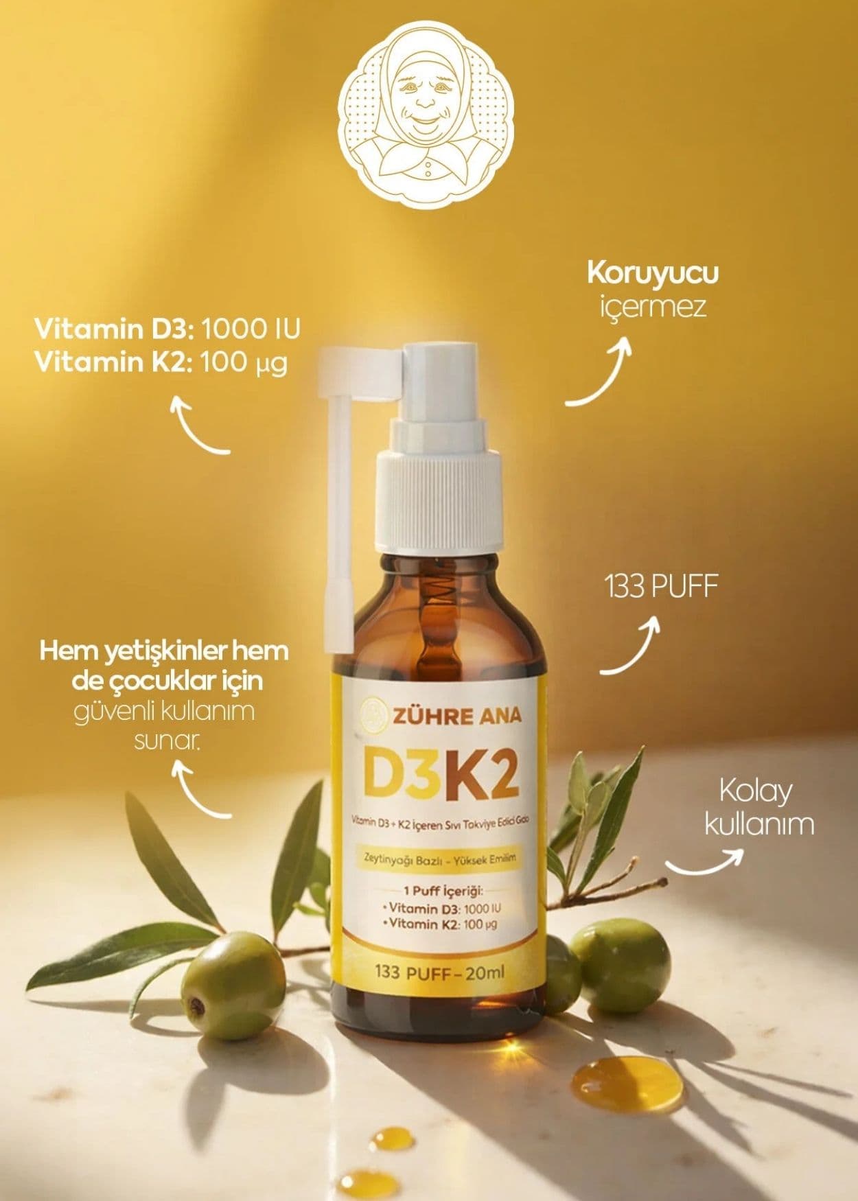 Zühre Ana Vitamin Flüssiges Nahrungsergänzungsmittel mit D3 & K2 – Spray | Peynircim
