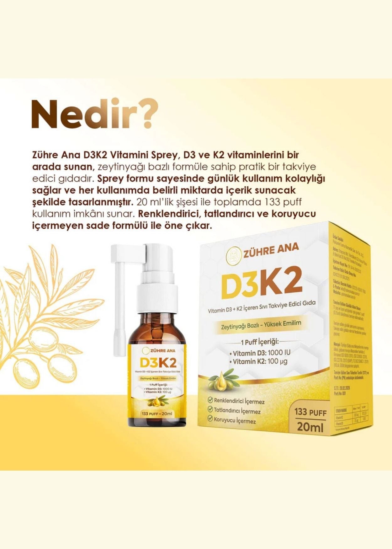 Zühre Ana Vitamin Flüssiges Nahrungsergänzungsmittel mit D3 & K2 – Spray | Peynircim