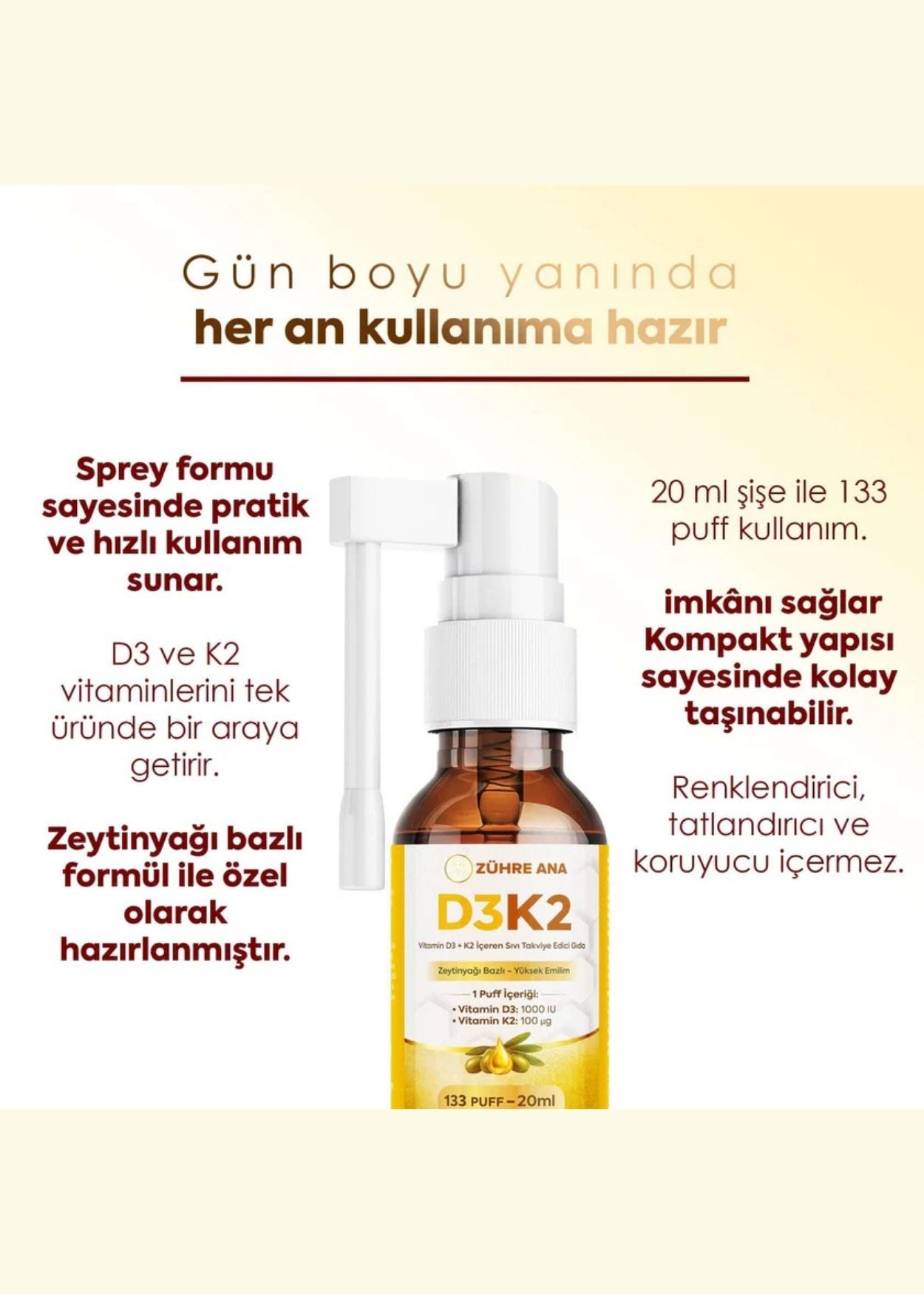 Zühre Ana Vitamin Flüssiges Nahrungsergänzungsmittel mit D3 & K2 – Spray | Peynircim
