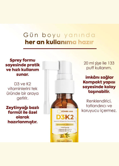 Zühre Ana Vitamin Flüssiges Nahrungsergänzungsmittel mit D3 & K2 – Spray | Peynircim
