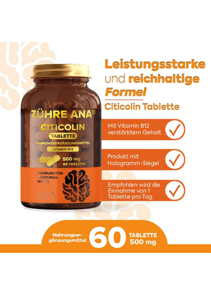 Zühre Ana Citicolin-500 mg 60 Tabletten enthalten Vitamin B12 (Sitikolin Tablet)